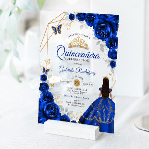 Quinceanera königsblaues goldenes Kleid Acryleinladungen
