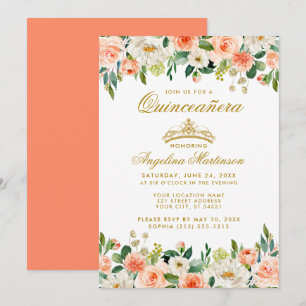 Quinceanera Korallen Blumen Goldkrone Einladung
