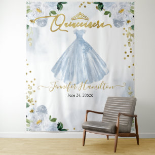 Quinceanera-Kulisse Blaues Florales Rosa Kleid Wandteppich