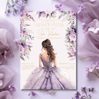 Quinceañera Lavendel Lila Flieder Blumenkleid Gold Einladung