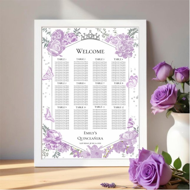 Quinceanera Lavendel Seating Chart Schild Schmette (Von Creator hochgeladen)