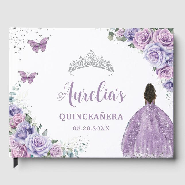 QUINCEAÑERA Lavender Lila Blumenbraun-Prinzessin Gästebuch (Vorderseite)