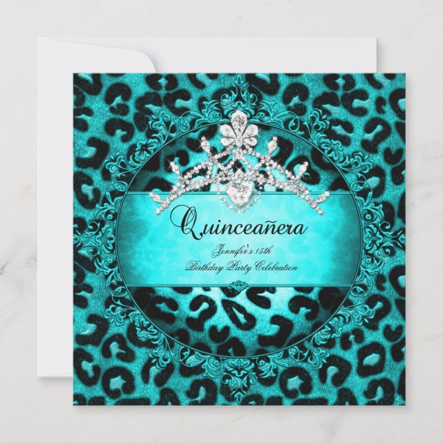 Quinceanera Leopard aquamarines blaues Tiara Einladung (Vorderseite)