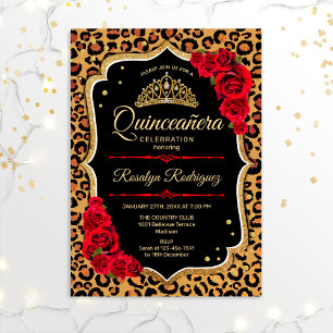 Quinceanera - Leopard Print Gold Red Einladung