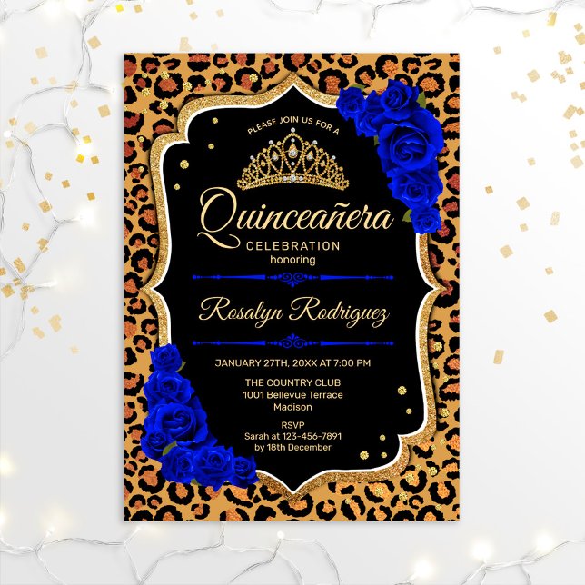 Quinceanera - Leopard Print Gold Royal Blue Einladung (Von Creator hochgeladen)