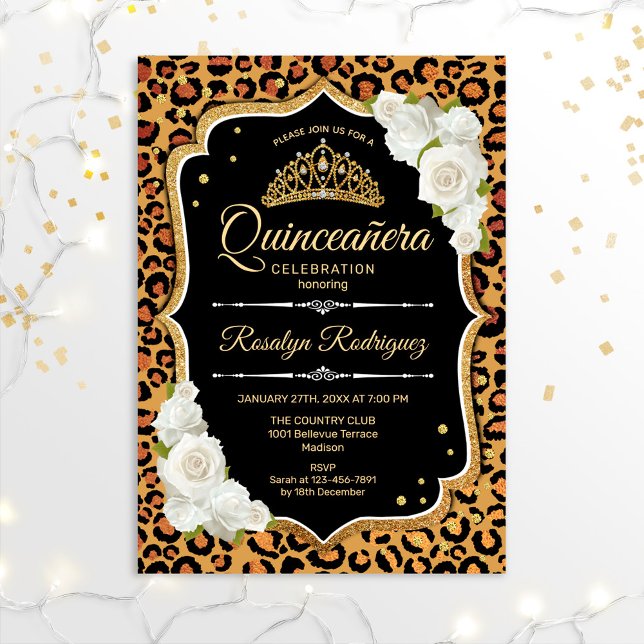 Quinceanera - Leopard Print Gold White Einladung (Von Creator hochgeladen)