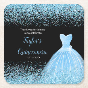 Quinceanera Light Blue Imitats Glitzer Rechteckiger Pappuntersetzer