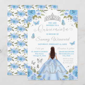 Quinceañera Light Blue Princess Brunette Girl Einladung