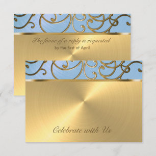 Quinceanera Light Blue und Gold Filigree Wirbel Einladung
