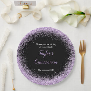 Quinceanera Light Lila Imitats Glitzer Pappteller