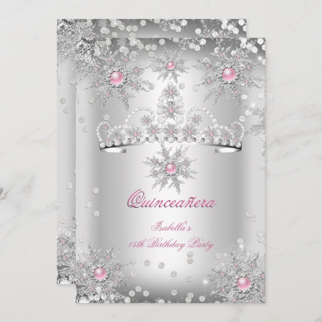 Quinceanera Light Pink Silver Winter Wonderland Einladung (Vorne/Hinten)