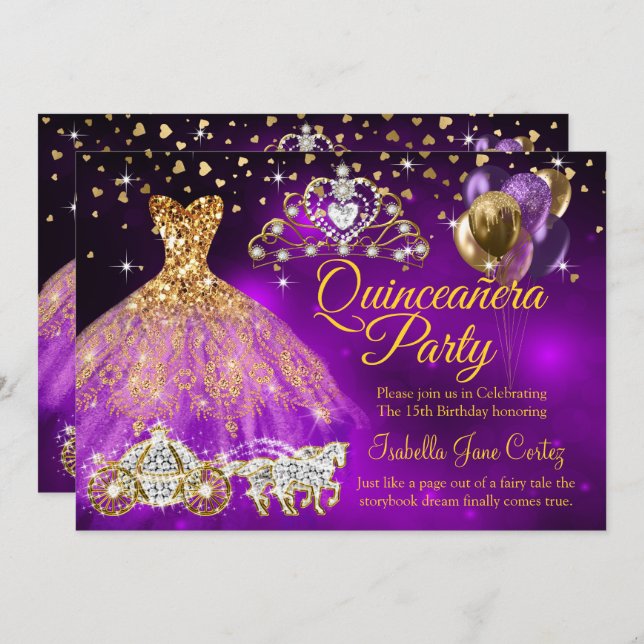 Quinceanera Lila Balloons Dress Tiara Carriage Einladung (Vorne/Hinten)