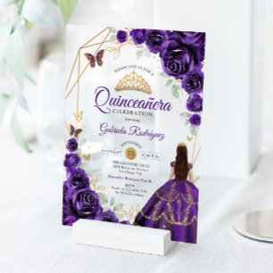 Quinceanera Lila Blumenkleid Gold Acryleinladungen