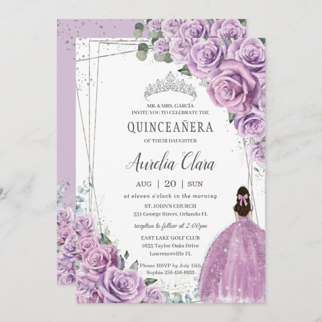 Quinceañera Lila BlumenPrinzessin Silver Birthday Einladung (Vorne/Hinten)