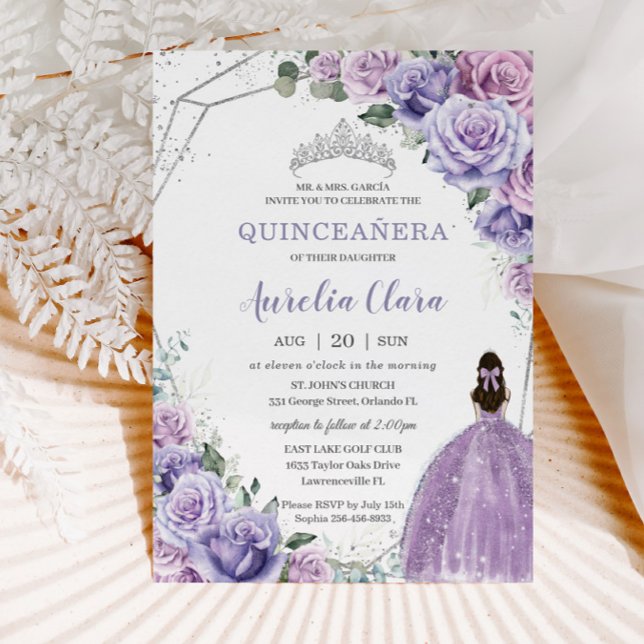 Quinceañera Lila BlumenPrinzessin Silver Birthday Einladung (Von Creator hochgeladen)