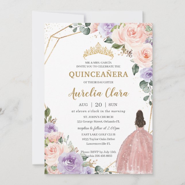Quinceañera Lila Blush Rose Gold Dress Einladung (Vorderseite)