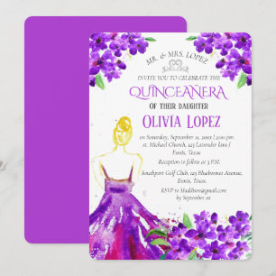 Quinceañera Lila Floral 15. Geburtstag Einladung