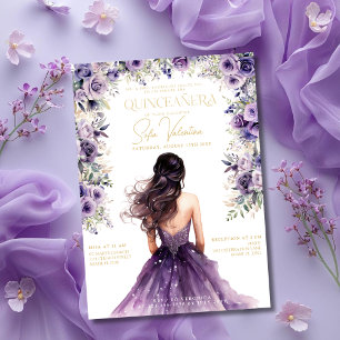 Quinceañera Lila Floral Gold Prinzessinnen Kleid Einladung