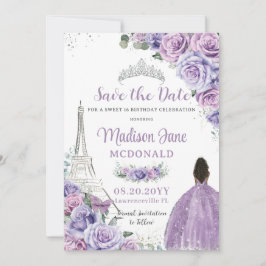 Quinceañera Lila Floral Paris Eiffel Brown Girl Save The Date
