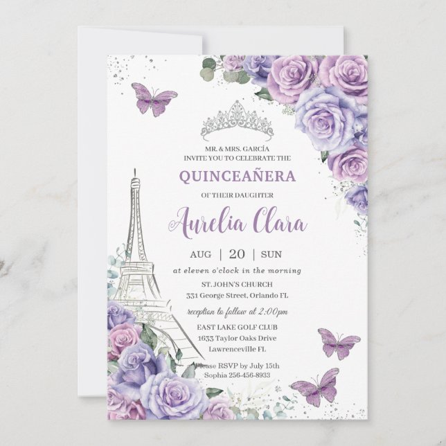 Quinceañera Lila Floral Paris Eiffel Butterfliegen Einladung (Vorderseite)