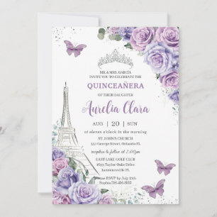 Quinceañera Lila Floral Paris Eiffel Butterfliegen Einladung