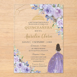 Quinceañera Lila Floral Prinzessin Spanisch Acryleinladungen