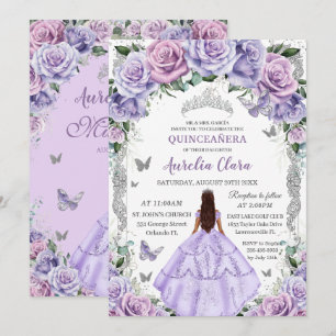 Quinceañera Lila Floral Silber Prinzessin Einladung