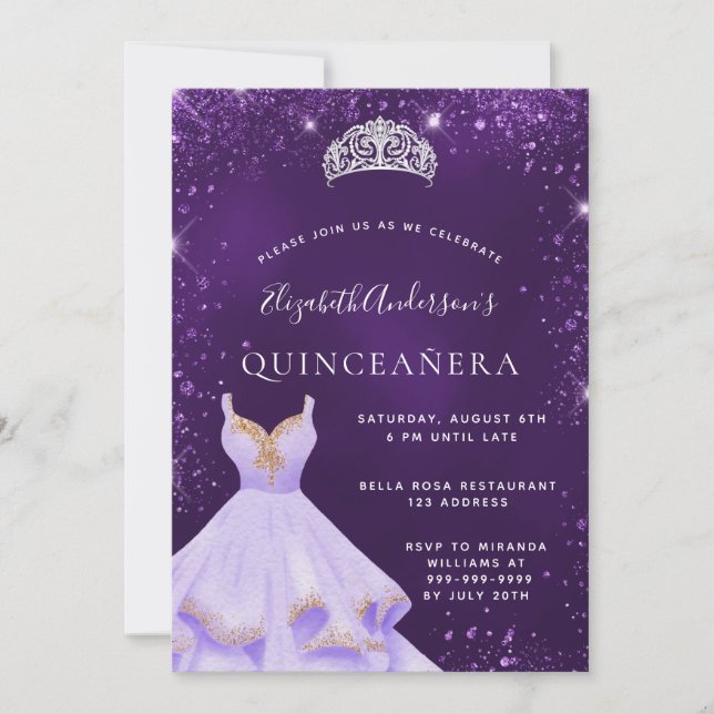 Quinceanera lila Glitzer Staubkleid Tiara Einladung (Vorderseite)