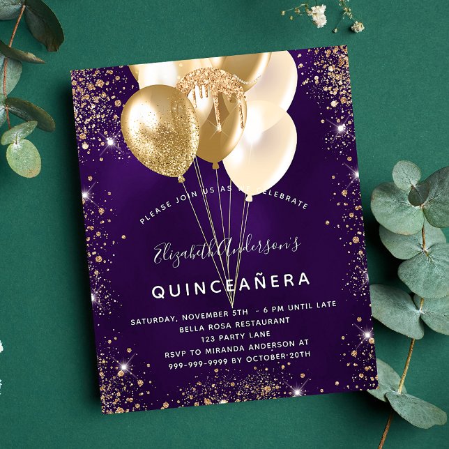 Quinceanera lila Gold Glitzer Ballons Haushalt Flyer (Von Creator hochgeladen)