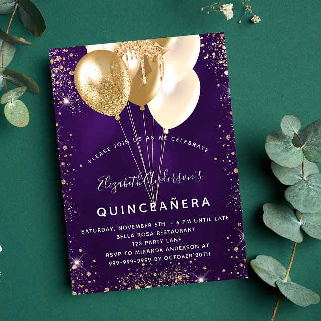 Quinceanera lila Gold Glitzer Ballons Luxus Einladung (Von Creator hochgeladen)