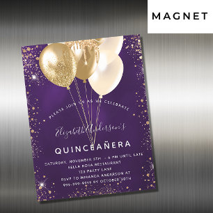 Quinceanera lila Gold Glitzer Ballons Luxus Magneteinladung