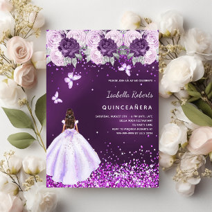 Quinceanera lila Kleid rosa Blumenmuster Einladung