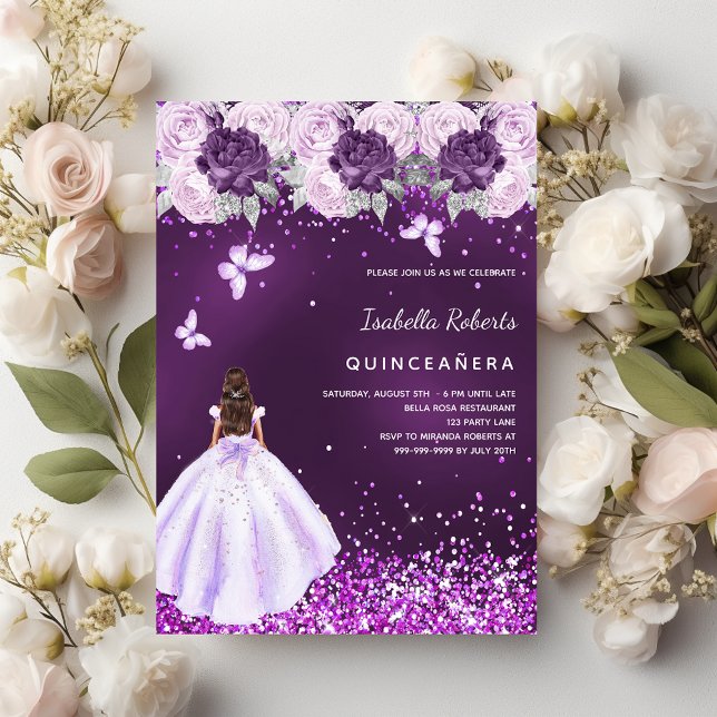 Quinceanera lila Kleid rosa Blumenmuster Einladung (Von Creator hochgeladen)