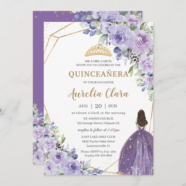 Quinceañera Lila Lavendel Floral Gold Prinzessin Einladung (Vorne/Hinten)