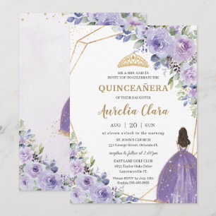 Quinceañera Lila Lavender Floral Gold Princess I Einladung