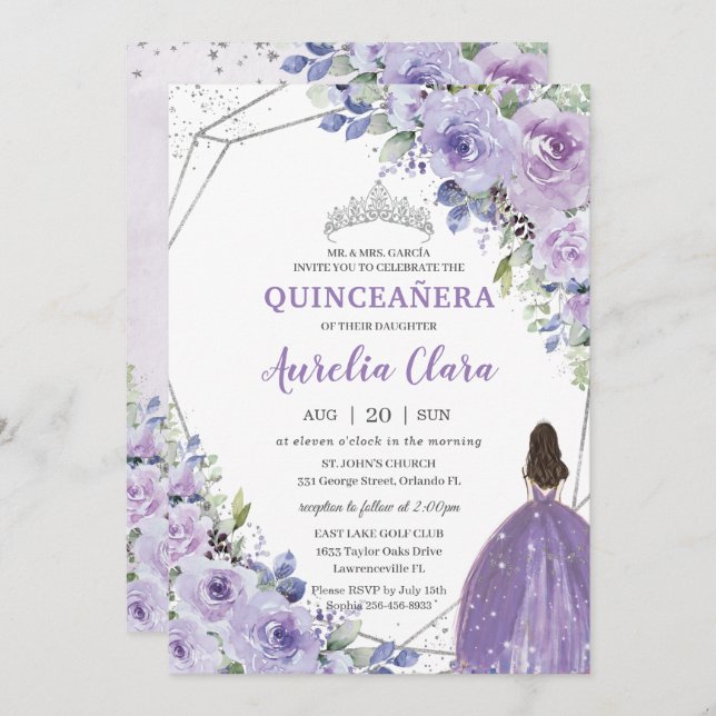 Quinceañera Lila Lavender Floral Silver Princess Einladung (Vorne/Hinten)