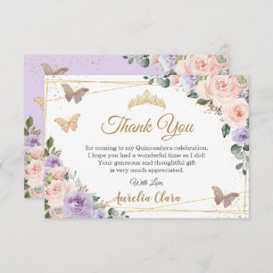 Quinceañera Lila Lilac Blush Floral Butterfliegen Dankeskarte