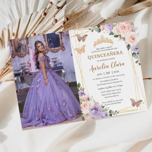 Quinceañera Lila Lilac Blush Floral Butterfliegen Einladung (Von Creator hochgeladen)
