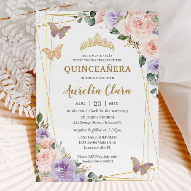Quinceañera Lila Lilac Blush Floral Butterfliegen Einladung (Von Creator hochgeladen)