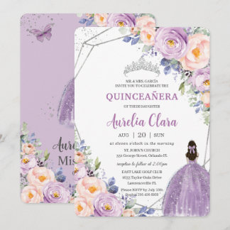 Quinceañera Lila Lilac Blush Floral Silver Dress Einladung