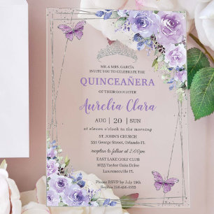 Quinceañera Lila Lilac Floral Butterfliegen Silver Acryleinladungen
