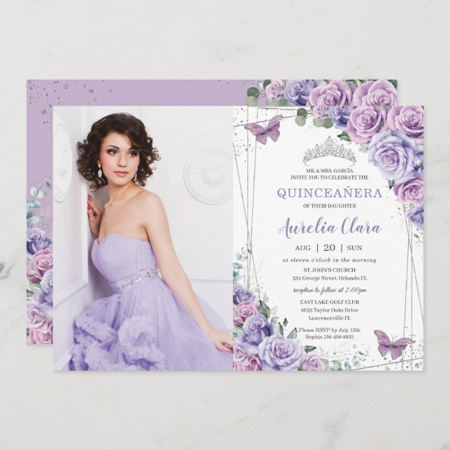 Quinceañera Lila Lilac Floral Butterfliegen Silver Einladung (Vorne/Hinten)