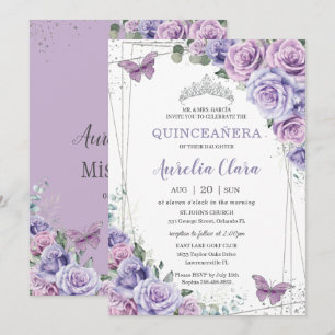 Quinceañera Lila Lilac Floral Butterfliegen Silver Einladung