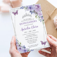 Quinceañera Lila Lilac Floral Butterfliegen Silver