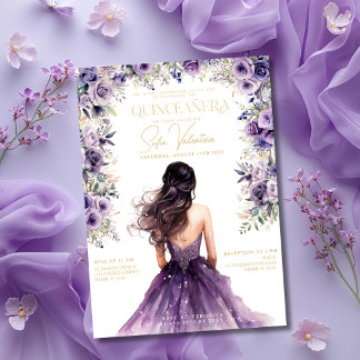 Quinceañera Lila Lilac Floral Gold Prinzessin Gown Einladung