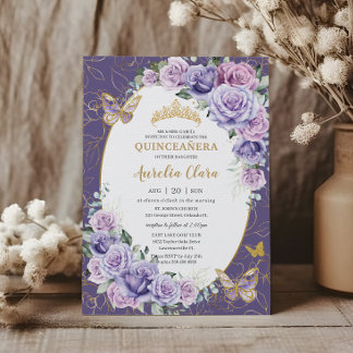 Quinceañera Lila Lilac Floral Gold Schmetterlinge Einladung