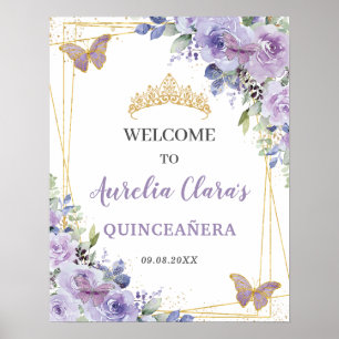 Quinceañera Lila Lilac Floral Gold Schmetterlinge Poster