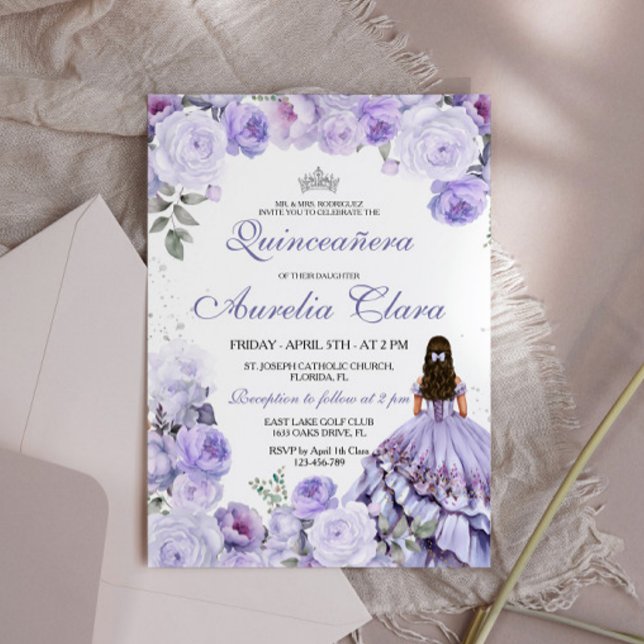 Quinceañera Lila Lilac Floral Princess Spanisch Einladung (Von Creator hochgeladen)