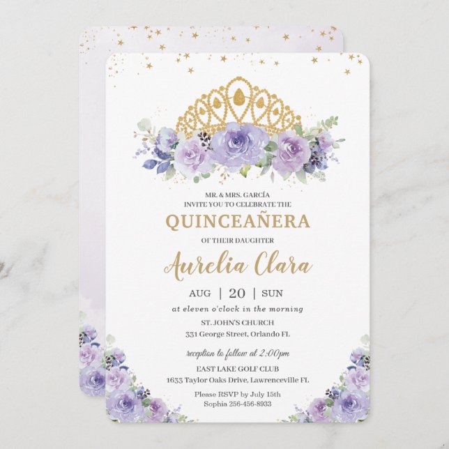 Quinceañera Lila Lilac Floral Princess Tiara Einladung (Vorne/Hinten)