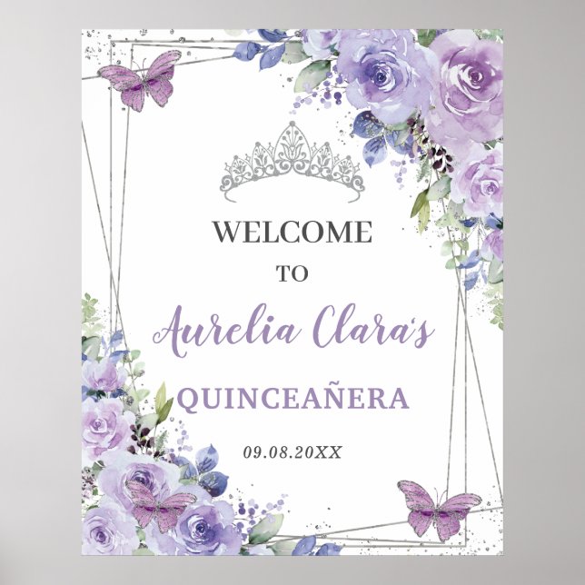 Quinceañera Lila Lilac Floral Silberschmetterlinge Poster (Vorne)